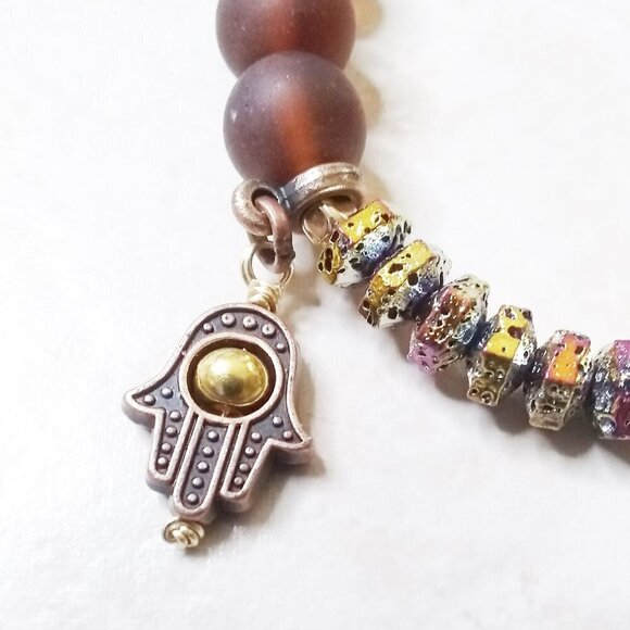 Hamsa Hand Chunky Recycled Glass + Electroplated Lava Beads - Fall Colors! - Picture 1 of 8